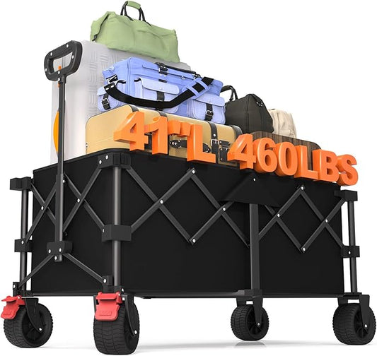 41" L Collapsible Large Wagon Cart Foldable, 460LB Weight Capacity 220L Heavy Duty Folding Beach Wagons with Big All-Terrain Wheels, Utility Carts for Camping, Garden, Shopping, Sports, Black