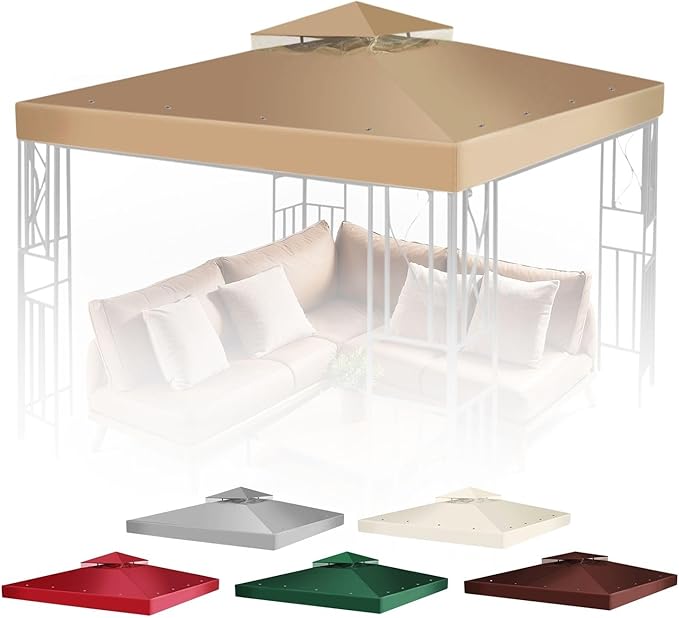 Flexzion Gazebo Cover Replacement Canopy Top 10x10 Ft (3m x 3m) - Double Tier Top Canopy Cover Replacement with UV30+, Dirt, Water Resistant for Outdoor, Sunshade, Garden, Patio, Pavilion (Beige)