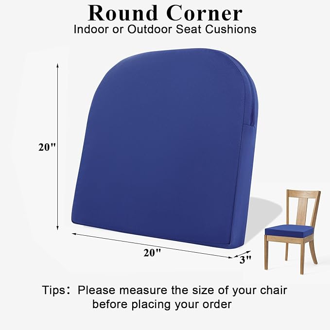 Topotdor Outdoor Chair Cushions for Patio Furniture,Waterproof Patio Chair Cushions Set of 2,Indoor/Outdoor Round Corner Chair Seat Cushion with Ties,20"x20"x3" Blue