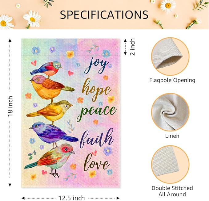 Joy Hope Peace Faith Love Garden Flags for Outside, Funny Birds Spring Yard Sign, Christian Catholic Outdoor Lawn Porch Banner, Kindness Peace Equality Bible Verse Yard Décor