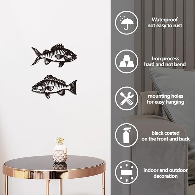 WADORN Metal Fish Wall Art Decor, Fishing Metal Wall Art Hanging Decor Signs Fishing Living Wall Sculpture Statues Decor for Home Living Room Bedroom Bathroom Cabin, 7.8x14.9Inch
