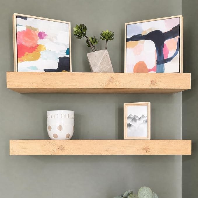 Urbandi Modern Floating Shelves 3 Inches Thick for Wall, Wide Shelves for Kitchen, Living Room, Bedroom, and Bathroom, Natural Pine Wood, Rustic Wooden Shelf, (Set of 2) (Aged Oak, 24Lx3Hx8D)