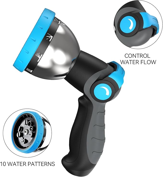 Relhost Garden Hose Nozzle, Heavy-Duty Water Hose Sprayer Nozzle with 10 Spray Patterns, Ergonomic Non-Slip Grip, Leak-Free Design, Fits All Standard Garden Hoses for Watering, Car Washing, Cleaning