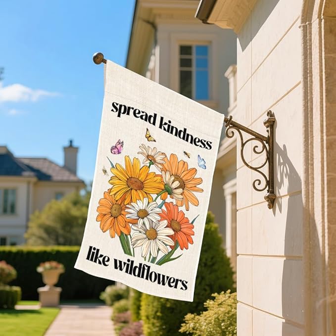 Spread Kindness Like Wildflowers Garden Flag, Double Sided Home Farmhouse Outdoor Decor Banner, Native Pollinator Friendly Gifts For Nature Lover, Funny Housewarming Gifts For Family Firend