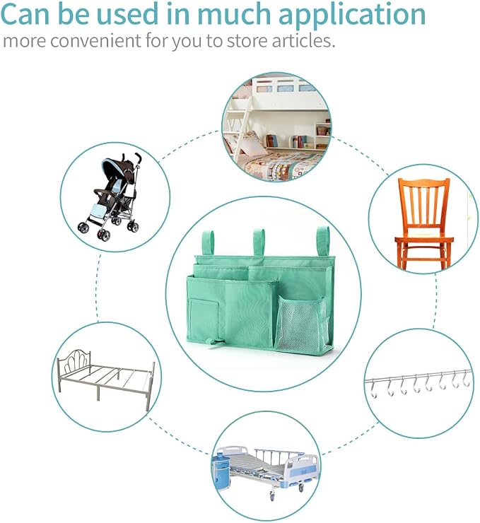 Bseash Bunk Bed Organizer, Bedside Caddy Hanging Bed Organizer Storage Bag 8 Pockets, for College Dorm Rooms Bed, Hospital Bed, Baby Bed Rails, 600D Oxford Cloth (Light Green)