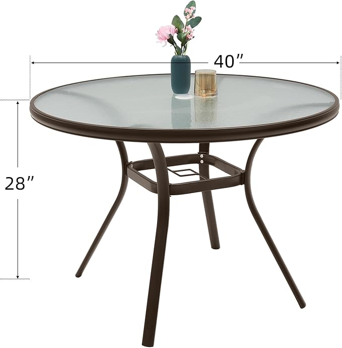 Anmutig 40" Round Glass Outdoor Patio Dining Table with Umbrella Hole - Brown Frame