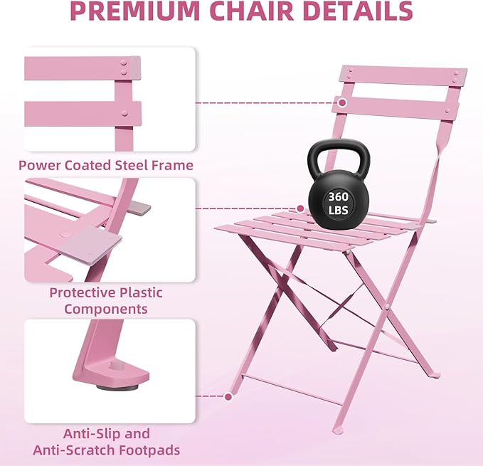 3-Piece Folding Bistro Set, 2 Chairs and 1 Coffee Table, Space Saving Weather-Resistant Frame, Portable Indoor/Outdoor Patio Furniture Conversation Set for Garden Porch Balcony Deck - Pink