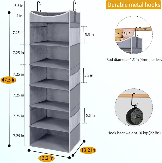 6-Shelf Hanging Closet Organizer and Storage with Side Pockets, Collapsible Closet Hanging Shelves for Storage, Grey