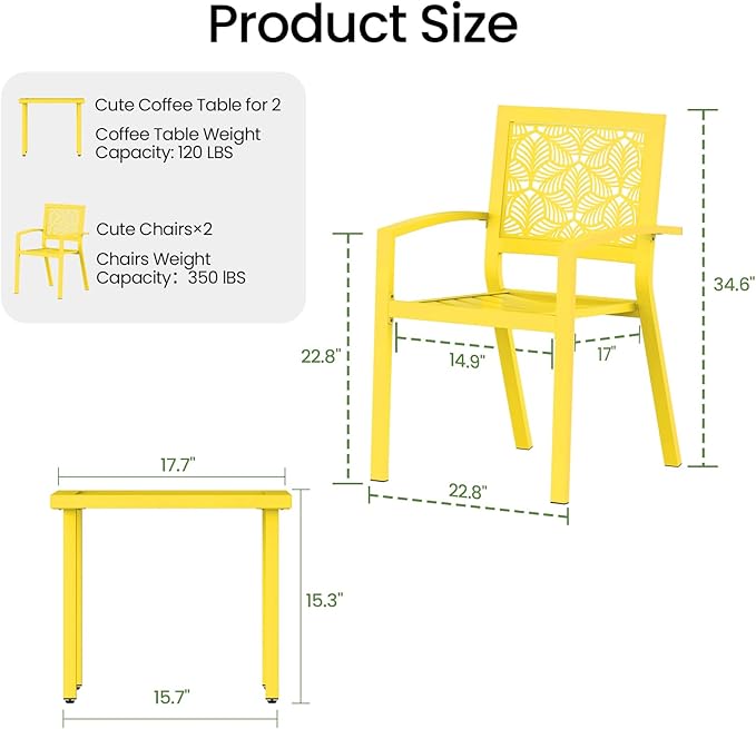 BUPPLEE 3 Piece Patio Bistro Set, Outdoor Steel Furniture Set, Stackable Modern Conversation Sets for Balcony Garden Deck Patio w/2 Chairs 1 Table, Yellow