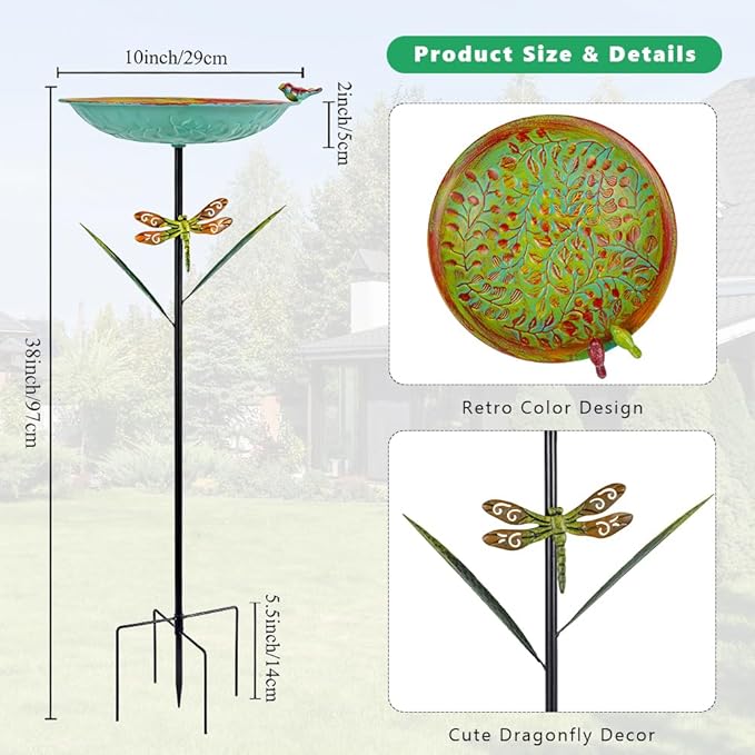 VEWOGARDEN 38" Tall Metal Bird Bath for Outside, Outdoor Bird Bath Feeder with Stable Stake for Garden, Yard, Patio Decor, Blue-Green