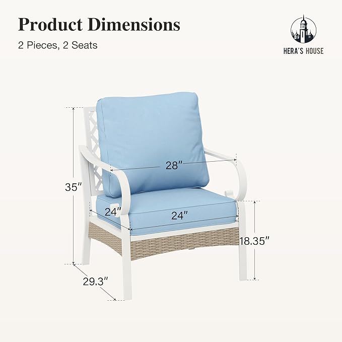HERA'S HOUSE Patio Chairs Set of 2, High Back Outdoor Metal Frame Chairs with Cushions, All Weather Outdoor Patio Furniture for Lawn Garden Backyard Deck, Blue