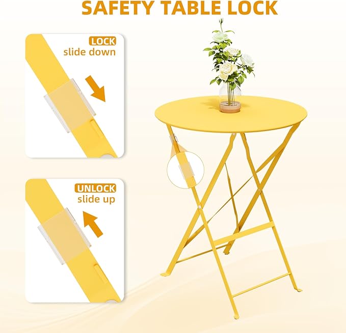 3-Piece Folding Bistro Set, 2 Chairs and 1 Coffee Table, Space Saving Weather-Resistant Frame, Portable Indoor/Outdoor Patio Furniture Conversation Set for Garden Porch Balcony Deck - Yellow