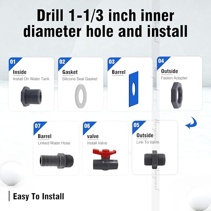 rain barrel spigot kit within 3/4 inch pvc bulkhead adapter 3/4" valve 5/8" plastic barb fitting, for 5/2.5/50/55/100 gallon water tank garden bucket outdoor rainwater collection