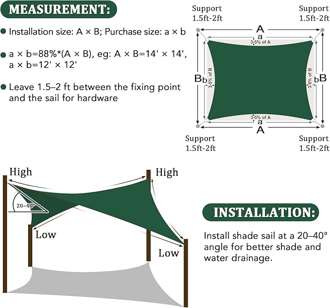 Shade&Beyond Custom 9'x18' Sun Shade Sail Canopy Rectangle UV Block Breathable Curved Sunshade for Backyard Yard Deck Outdoor Facility and Activities, Green (We Make Custom Size)