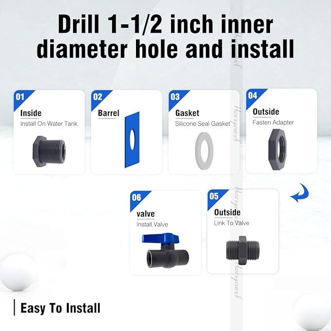 rain Barrel Spigot 1 inch PVC Bulkhead Adapter 1" I.D. Female Thread Blue Switch Valve Garden kit, for 5/2.5/50/55/100 Gallon Water Tank rainwater stock