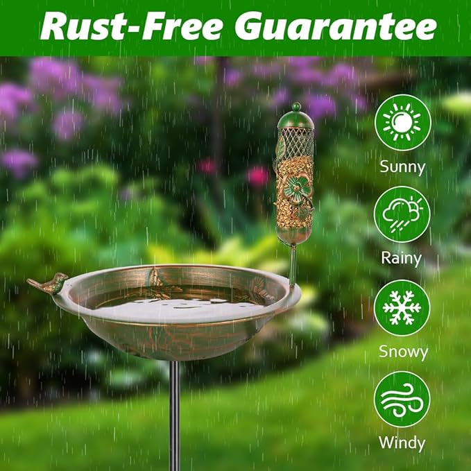 VEWOGARDEN 47 Inch Standing Metal Bird Bath Stake with Birdfeeder, Outdoor Garden Birdbath for Outside Patio, Yard, Lawn Decor