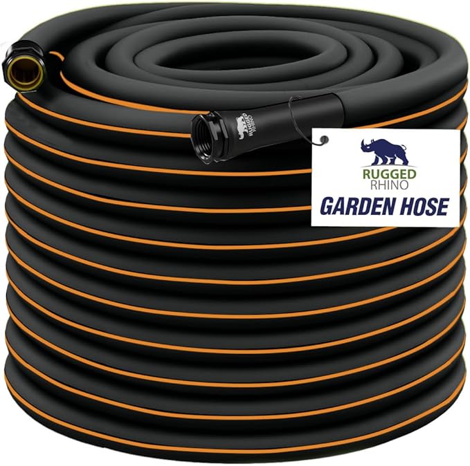 RUGGED RHINO Heavy Duty Garden Hose 25ft x 5/8in, Anti-Kink and Leakproof, Durable 4-Layer Construction, 500 PSI Burst, All Weather Outdoor Watering for Lawn, Garden, Flowers, Black and Orange