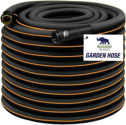 RUGGED RHINO Heavy Duty Garden Hose 25ft x 5/8in, Anti-Kink and Leakproof, Durable 4-Layer Construction, 500 PSI Burst, All Weather Outdoor Watering for Lawn, Garden, Flowers, Black and Orange