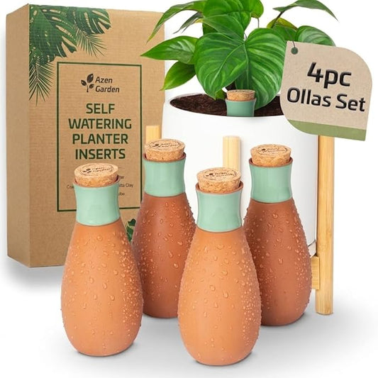 Ollas Plant Watering Globes - Terracotta Self Watering Planter Insert - Watering Bulbs for Indoor and Outdoor Plants with Easy Top Refill System - Set of 4 (Jade Green)