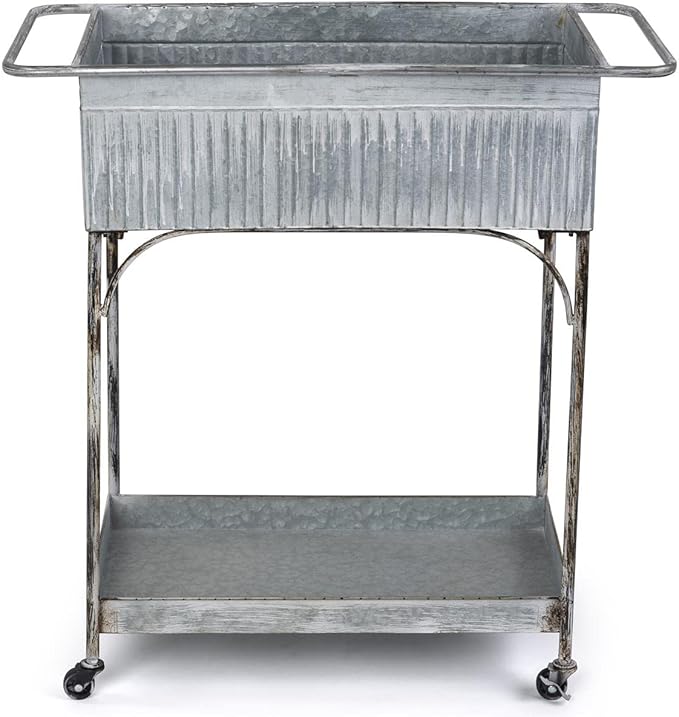 Displays2go Rustic Garden Planter Cart, Galvanized Steel, Top & Bottom Trays, Wheels - Silver (SMRGGMDC)