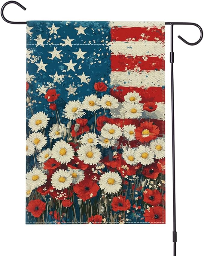 Poppy American Garden Flag 12x18 Inch Double Sided Outdoor Yard Patriotic Decorations for Presidents Memorial 4th of July Independence Labor Veterans and Election Garden Decor Flag