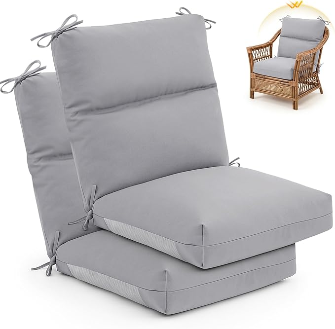 Geelin 2 Pack Outdoor/Indoor High-Back Chair Cushions 44×21 in, Stuffed Tufted Replacement Patio Chair Cushions with Ties Weather Resistant Pads for Patio Furniture (Light Gray)