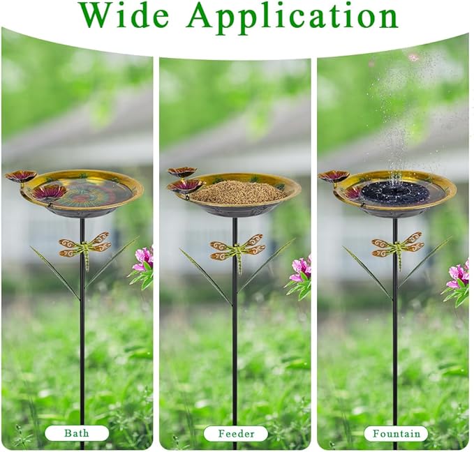 DREAMSOUL 39" Tall Bird Bath with Dragonfly Stake, Metal Birdbath with Flower Feeders, Freestanding Bird Bath for Outside Garden Yard Patio