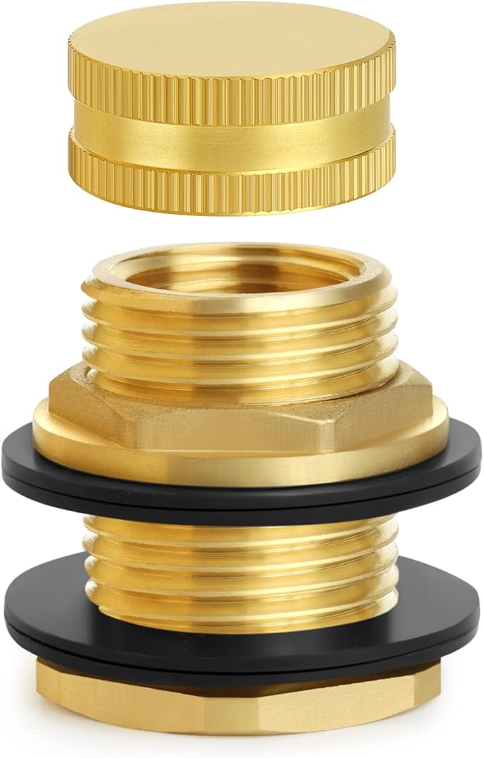 Ceaeso Brass Male Garden Hose Bulkhead Fitting With Plug, 1/2" Female NPT, 3/4" Male GHT (garden Hose Thread), Brass Tank Connector/drain/flush Port Kit For Rain Barrels, Aquariums, Sinks，1 Pack