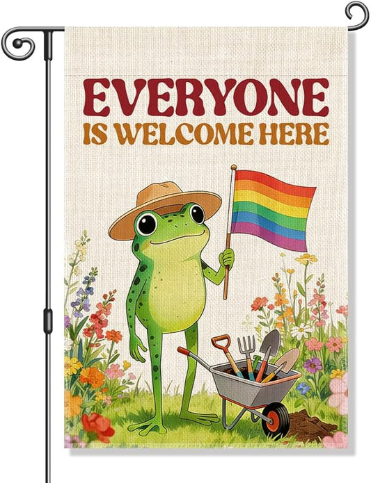 Everyone is Welcome Here Garden Flag, Inclusion Kindness Diversity Equality Yard Banner, Funny Frog Flag, LGBTQ Pride Month Banner, Welcome Home Classroom Community Lawn Liberal Outdoor Decor