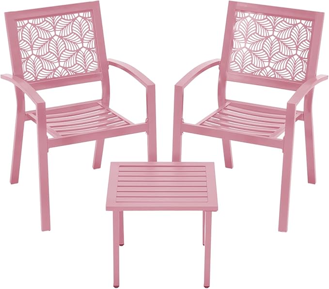 BUPPLEE 3 Piece Patio Bistro Set, Outdoor Steel Furniture Set, Stackable Modern Conversation Sets for Balcony Garden Deck Patio w/2 Chairs 1 Table, Pink