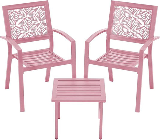 BUPPLEE 3 Piece Patio Bistro Set, Outdoor Steel Furniture Set, Stackable Modern Conversation Sets for Balcony Garden Deck Patio w/2 Chairs 1 Table, Pink