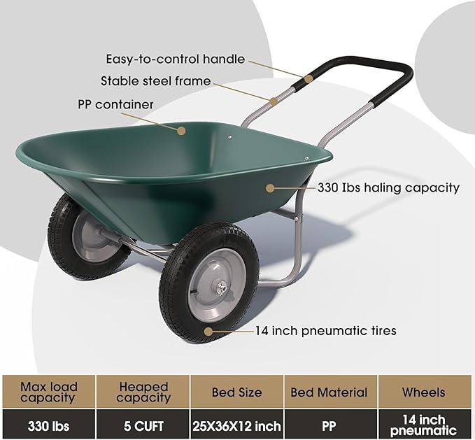 ARNOT Enlarged Dual-Wheel Wheelbarrow, Easy Loading and Dumping Garden Cart, Heavy Duty Utility Dump Cart for Lawn, Yard, Farm, Gardening & Planting, Green