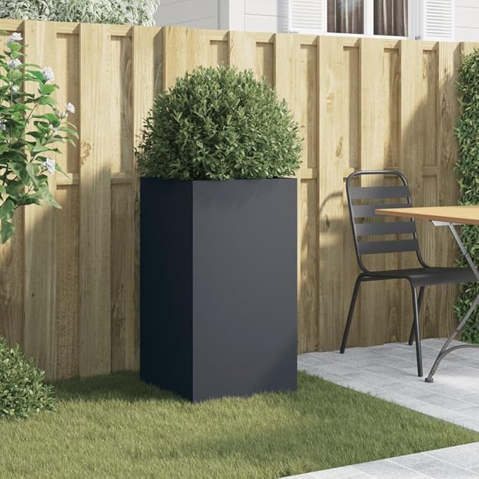 Anthracite Cold-Rolled Steel Planter with Decorative Inlays, 29.5 Inch Medium Garden Planter for Outdoor Plants, Durable and Stable Modern Design for Patio Balcony Decor,
