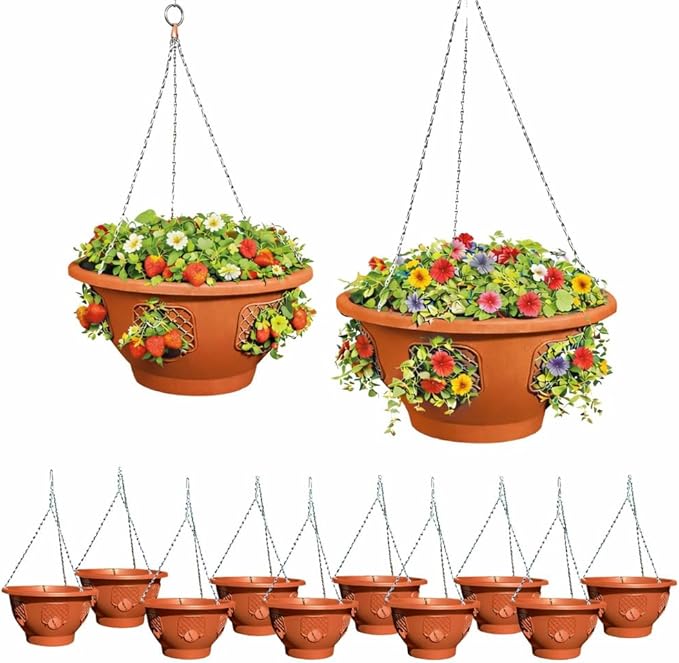 Ultimate Hanging Baskets - Strawberry, Tomato, Flower, and Herb Outdoor Planters - Use Garden Pots for Growing Plants Outside On A Deck, Fence, or Balcony (10, Terracotta)