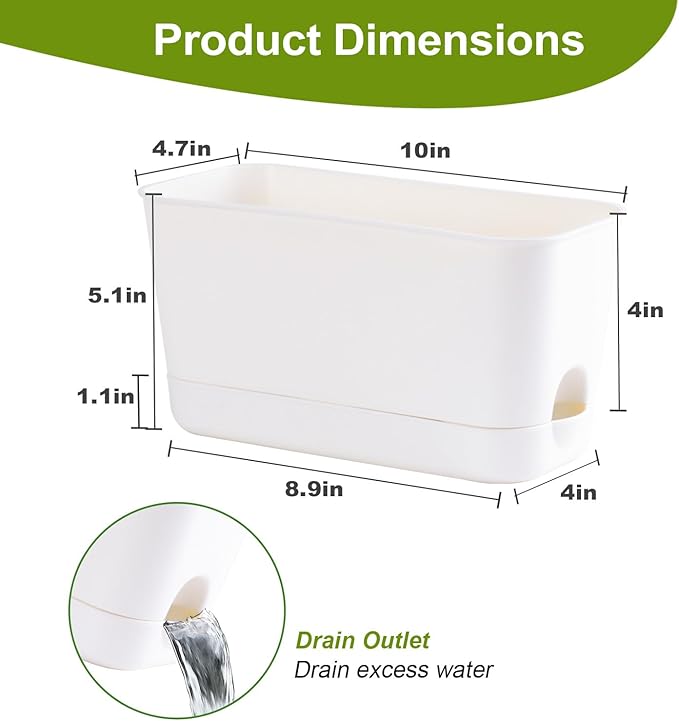 Oliz Self Watering Planters: 2 Packs Rectangular Plant Pots with with Drainage and Tray, 10 Inch Window Pot Self Watering Planter for Herb, Houseplants