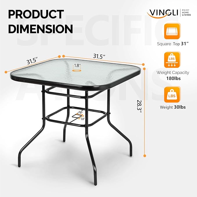 VINGLI Glass Patio Table with Umbrella Hole, 32" Square Outdoor Dining Table Steel Tempered Glass Patio Tables Outdoor Tables for Balcony Garden Deck