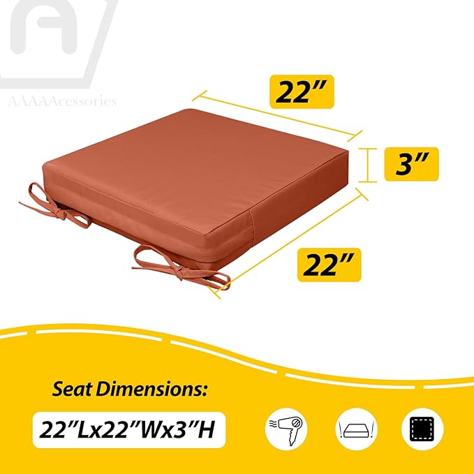 AAAAAcessories Outdoor Seat Cushions for Chairs, Waterproof, Fade-Resistant, 22" x 22" x 3", Patio Furniture Replacement Cushions, Set of 2, Rust