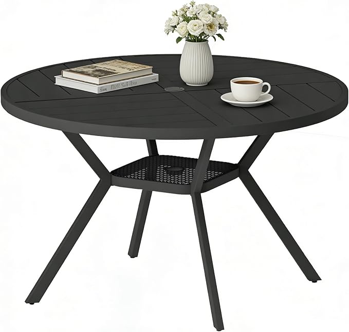 47" Outdoor Patio Table Dining Table, All Weather Metal Round Patio Table with Adjustable Umbrella Hole, Patio Furniture for Lawn Garden Backyard, Black
