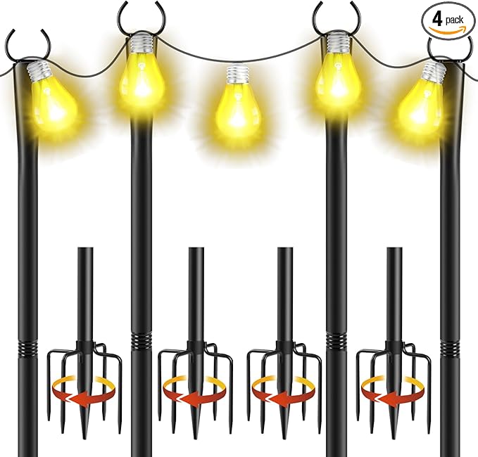 4 Pack 10Ft String Light Poles, Metal Poles with Fork for Outside Lights,Outdoor Metal Light Stand with Fence Brackets Hanging Lights for Garden Patio Wedding Backyard (4 PACK-Upgraded Version)