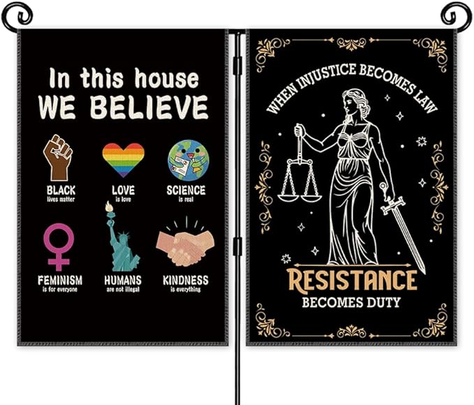 In This House We Believe Fight Against Unfairness With The Law Garden Flag, Double Sided Yard Outdoor Farmhouse Lawn Porch Banner, LGBTQ BLM Ally Empowerment Gifts for Woman Family Friend BFF
