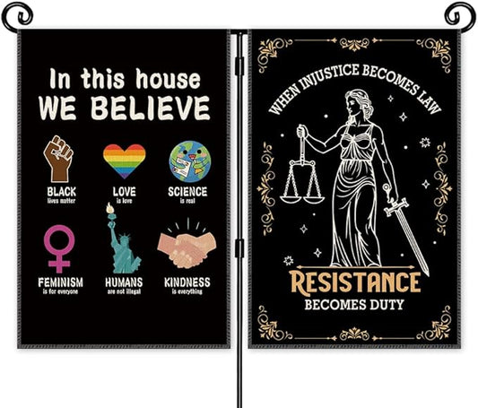 In This House We Believe Fight Against Unfairness With The Law Garden Flag, Double Sided Yard Outdoor Farmhouse Lawn Porch Banner, LGBTQ BLM Ally Empowerment Gifts for Woman Family Friend BFF