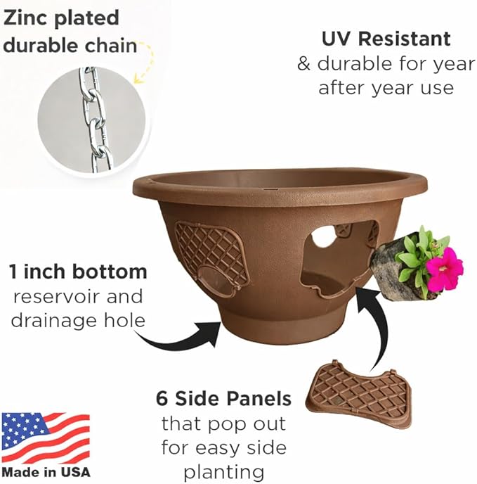 Hanging Planter Basket 20 Pack Bulk, Easy Fill Strawberry Planter, Outdoor Hanging Basket with Side Planting Panels, Durable UV Resistant Planters, Made in USA (20, Mocha)