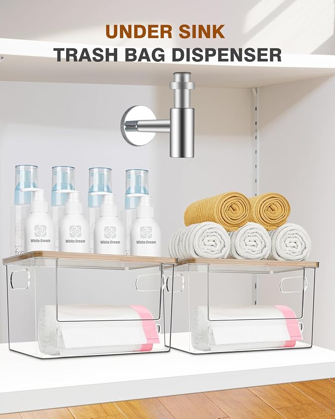 Trash Bag Holder, Acrylic Garbage Bag Dispenser with Bamboo Top