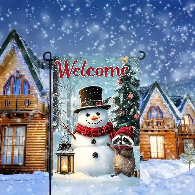 Welcome Winter Garden Flag 12x18 Double Sided, Small Burlap Seasonal Snowman Raccoon Bear Garden Flag Winter Christmas Outdoor Yard Decorations Porch Lawn Flags for Outside