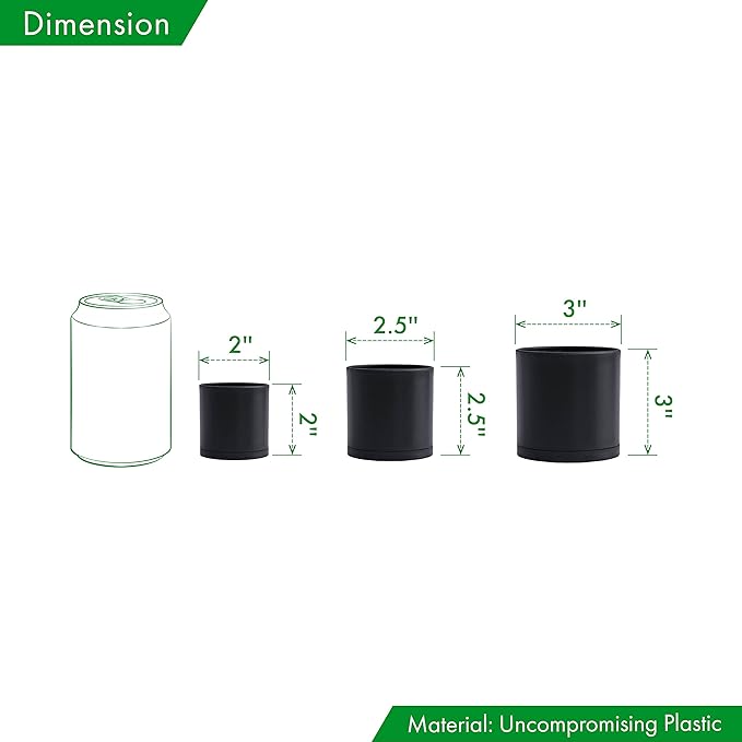 D'vine Dev Pack of 36 Plastic Plant Pots (12 Set of 2 Inch, 2.5 Inch, 3 Inch) Small Garden Planter Pots for Plant with Drainage Holes and Saucers, Black, 74-T-B