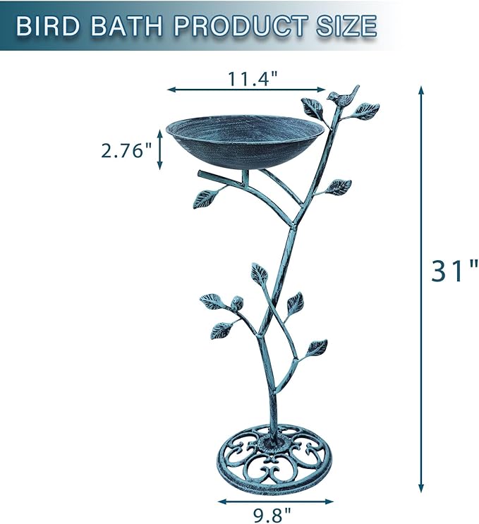 HOUYANG 11.4" W x 31" H Cast Iron Pedestal Bird Bath, Birdbaths for Outdoors,Bird Bath for Outside,Vintage Metal Bird Bath Garden Yard Decor