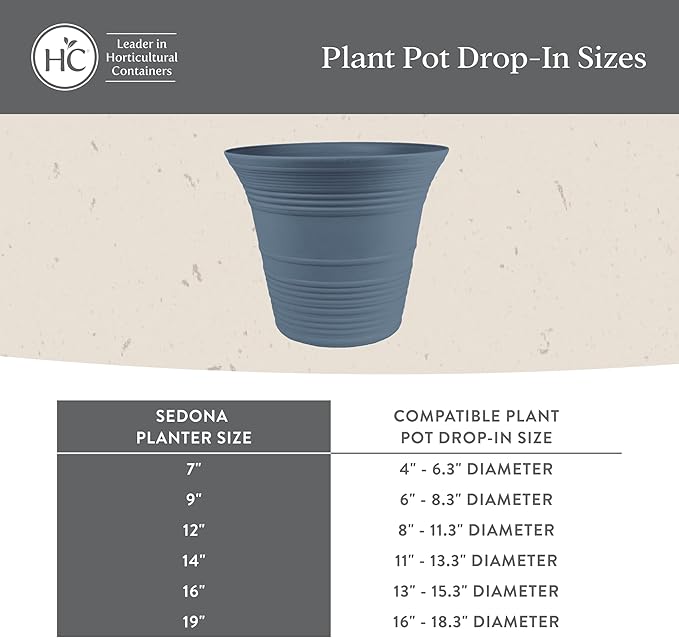 The HC Companies 12 Inch Sedona Round Self Watering Planter Pots, Lightweight UV-Resistant Plastic Indoor & Outdoor Planters, 2-Pack Flower Pots for Garden & Home Decor, Slate Blue