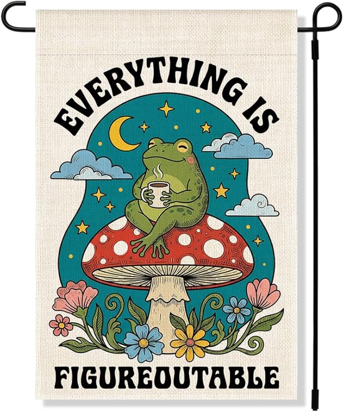 RZHV Everything is Figureoutable Double-Sided Summer Garden Flag for Outdoor House Yard Sign Garden Decor Parade, Mushrooms Frog Vertical Yard Sign, Housewarming Gifts for Frog Lover Friends Neighbor