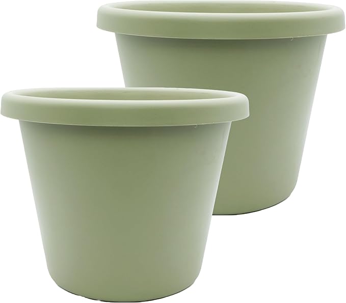 The HC Companies 11.5 Inch Classic Round Planter Pots with Drainage, Rolled Rim Plastic Planters for Indoor & Outdoor Plants, 2-Pack Decorative Flower Pots for Garden, Office & Home Decor, Seafoam