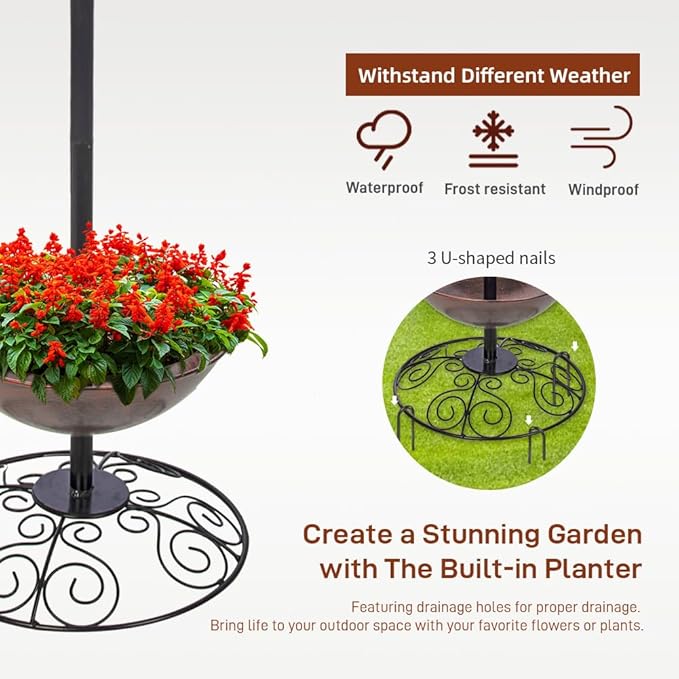 dreamysoul Metal Bird Baths Outside with Planter Base, Outdoor Tall Birdbath and Feeder for Garden Yard Lawn